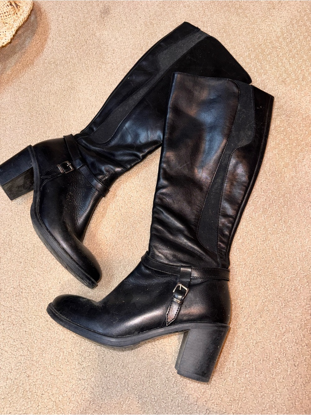 Classic Black Leather Knee-High Heeled Boots